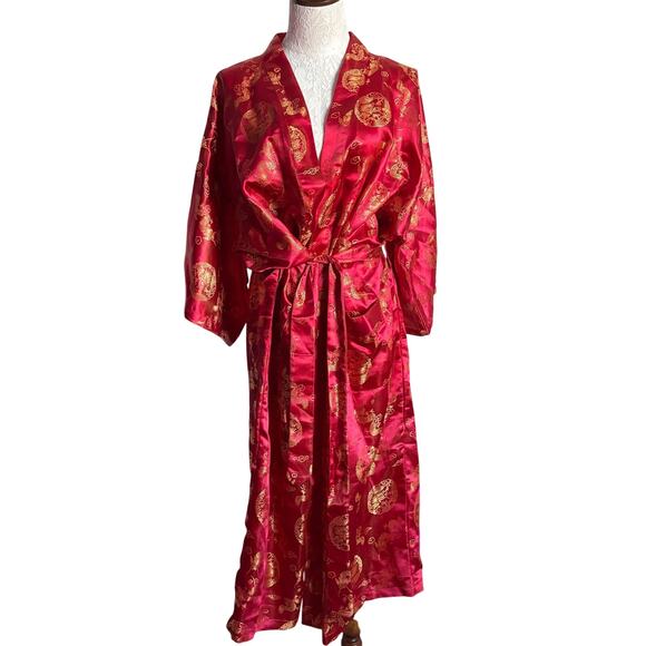 Kimono Style Robe Red Gold Dragon All Over Print Long Silk (?)Lounge Asian L - Picture 2 of 13